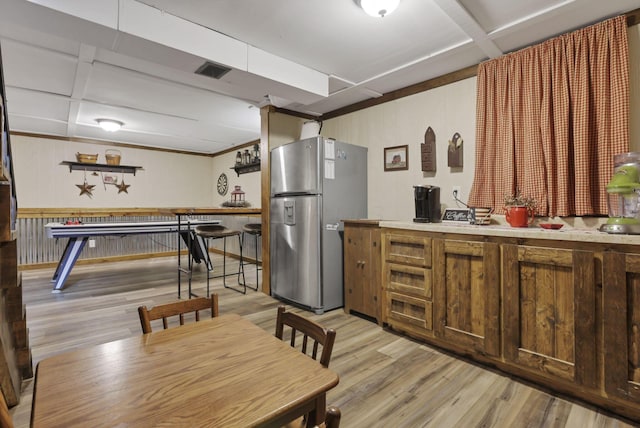 17519 Thompson Ridge Rd, Laurelville, OH 43135 - kitchen featuring freestanding refrigerator, light wood-type flooring, and coffered ceiling