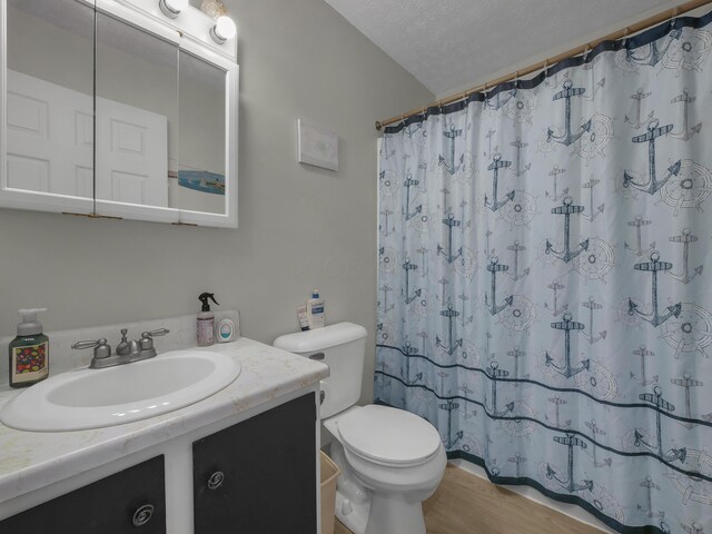566 Deanna Stroll Rd, Heath, OH 43056 - bathroom with vanity, a shower with shower curtain, wood finished floors, and a textured ceiling