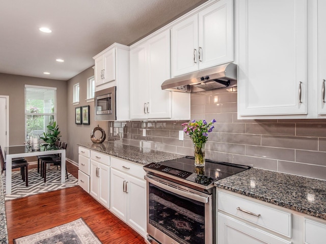 8105 Jitterbug Ln, Pickerington, OH 43147 - kitchen with stainless steel appliances, under cabinet range hood, dark wood-style floors, tasteful backsplash, and white cabinets