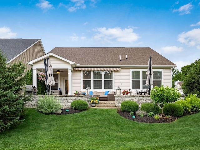 8105 Jitterbug Ln, Pickerington, OH 43147 - rear view of property featuring a lawn, a patio area, ceiling fan, and roof with shingles