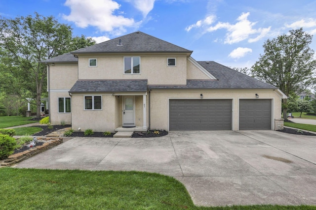 4329 Wyandotte Woods Blvd, Dublin, OH 43016 - traditional-style home with stucco siding, a garage, driveway, and a shingled roof