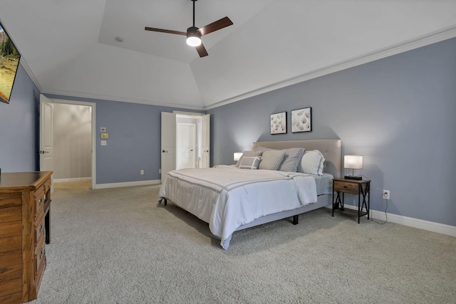 4329 Wyandotte Woods Blvd, Dublin, OH 43016 - bedroom featuring light carpet, vaulted ceiling, a ceiling fan, and ornamental molding