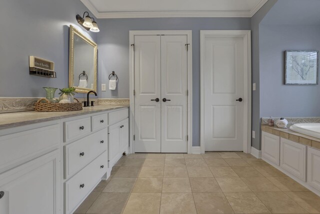 4329 Wyandotte Woods Blvd, Dublin, OH 43016 - full bathroom featuring vanity, tile patterned floors, ornamental molding, and a bathtub