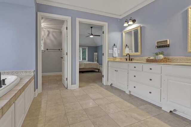 4329 Wyandotte Woods Blvd, Dublin, OH 43016 - bathroom featuring a ceiling fan, crown molding, vanity, tile patterned flooring, and ensuite bath