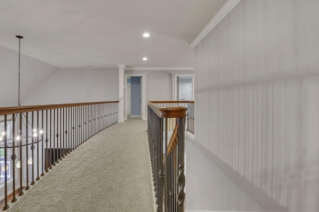 4329 Wyandotte Woods Blvd, Dublin, OH 43016 - hallway featuring a chandelier, recessed lighting, carpet flooring, and ornamental molding