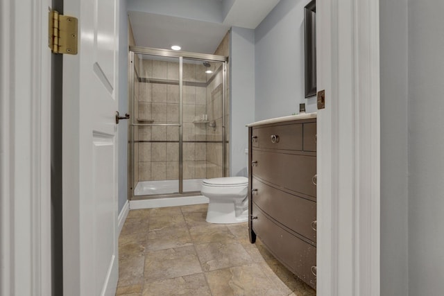 4329 Wyandotte Woods Blvd, Dublin, OH 43016 - full bathroom featuring a stall shower, stone finish flooring, recessed lighting, and vanity
