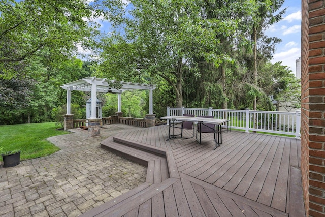 4329 Wyandotte Woods Blvd, Dublin, OH 43016 - wooden terrace with a pergola, outdoor dining area, a lawn, and a patio