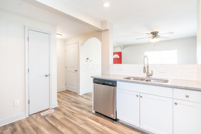 1096 E 22nd Ave Unit 1098, Columbus, OH 43211 - kitchen featuring dishwasher, arched walkways, backsplash, a ceiling fan, and white cabinets