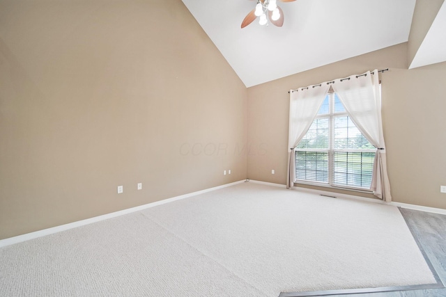786 Spring Valley Dr, Lewis Center, OH 43035 - empty room with a ceiling fan, light colored carpet, and high vaulted ceiling
