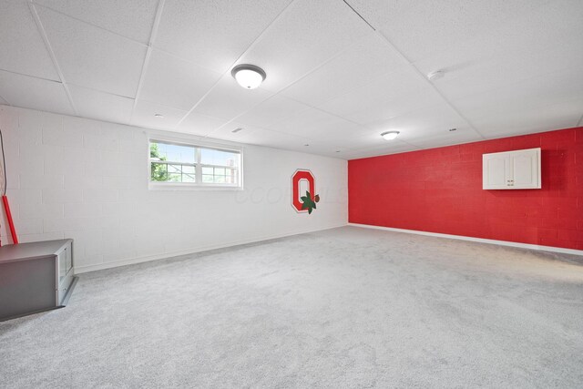 786 Spring Valley Dr, Lewis Center, OH 43035 - basement with a paneled ceiling, carpet flooring, and concrete block wall