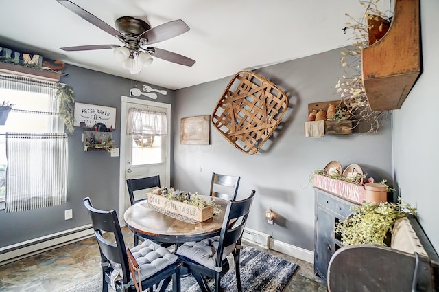 1849 Old Springfield Rd, New Holland, OH 43145 - dining space with a ceiling fan, a baseboard heating unit, and stone finish flooring