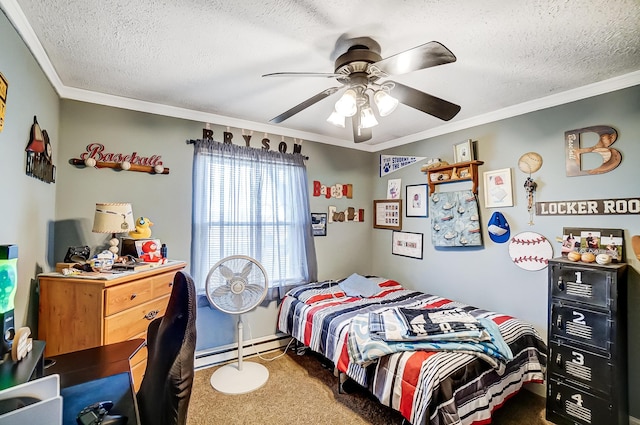 1849 Old Springfield Rd, New Holland, OH 43145 - bedroom featuring a baseboard heating unit, carpet floors, ornamental molding, a textured ceiling, and ceiling fan