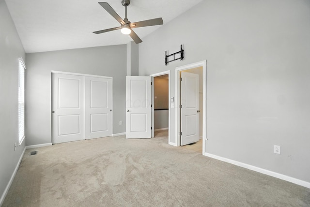5632 Middle Falls St, Dublin, OH 43016 - unfurnished bedroom featuring high vaulted ceiling, light carpet, a closet, and ceiling fan
