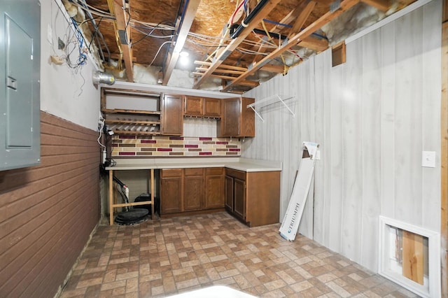 5632 Middle Falls St, Dublin, OH 43016 - unfinished below grade area featuring electric panel, brick patterned floors, and wooden walls