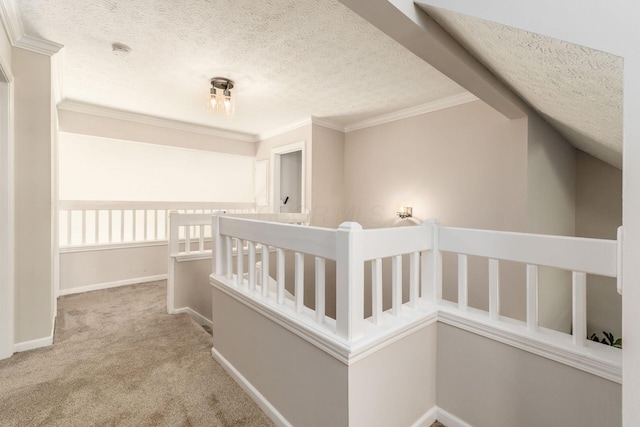 4909 Bixby Rd, Groveport, OH 43125 - hallway with a textured ceiling, carpet, an upstairs landing, and crown molding