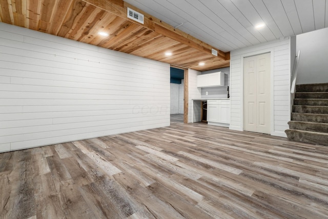4909 Bixby Rd, Groveport, OH 43125 - unfurnished living room with stairway, wood finished floors, and wood ceiling