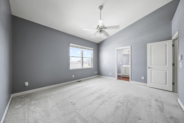 6067 Hayden Farms Rd, Dublin, OH 43016 - unfurnished bedroom featuring carpet, lofted ceiling, ensuite bath, and ceiling fan