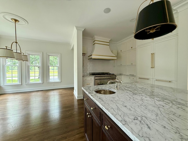4945 Yantis Dr, New Albany, OH 43054 - kitchen featuring premium range hood, crown molding, dark wood-style flooring, stainless steel range, and white cabinets