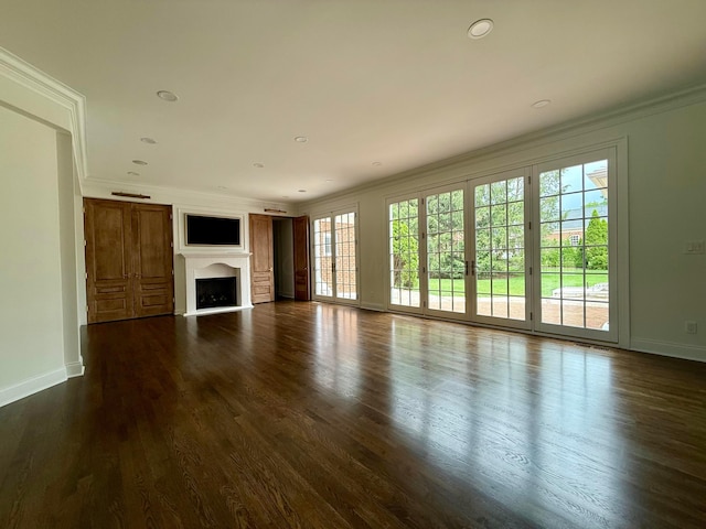 4945 Yantis Dr, New Albany, OH 43054 - unfurnished living room with crown molding, a fireplace, dark wood finished floors, and recessed lighting