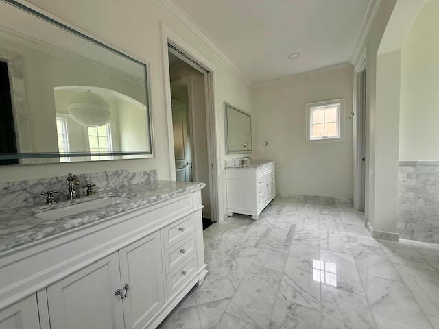 4945 Yantis Dr, New Albany, OH 43054 - bathroom with crown molding, two vanities, and marble finish flooring