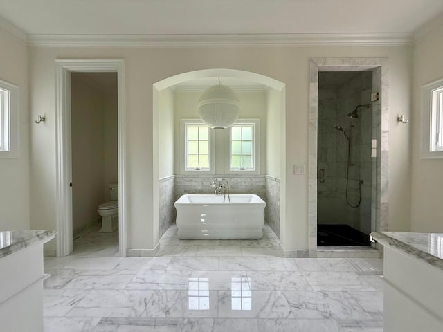 4945 Yantis Dr, New Albany, OH 43054 - full bathroom with vanity, ornamental molding, a shower stall, a soaking tub, and a wainscoted wall
