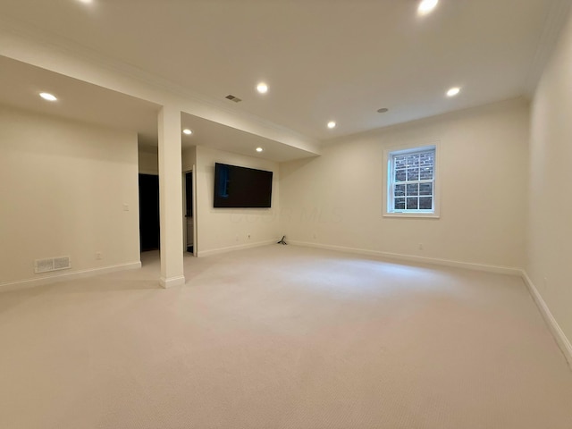 4945 Yantis Dr, New Albany, OH 43054 - below grade area featuring recessed lighting, light colored carpet, and crown molding