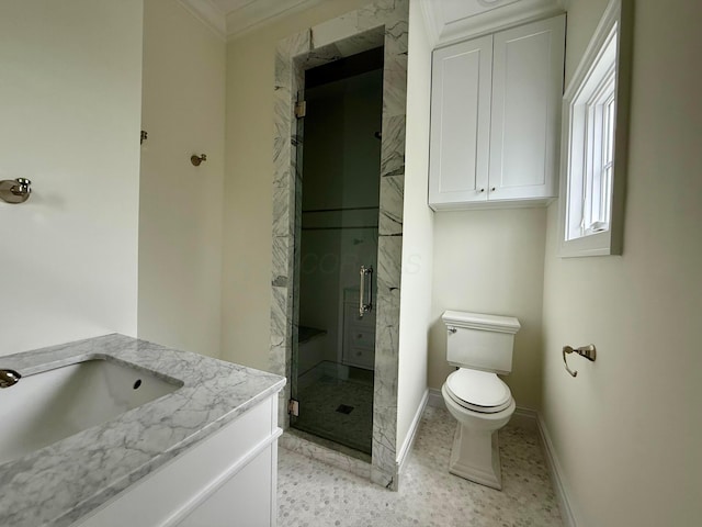4945 Yantis Dr, New Albany, OH 43054 - bathroom featuring a stall shower, vanity, and crown molding