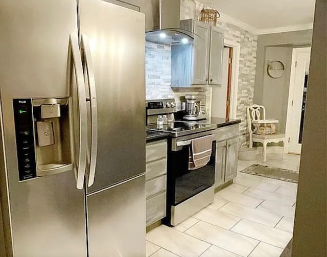 25327 Morris Salem Rd, Circleville, OH 43113 - kitchen with stainless steel appliances, wall chimney exhaust hood, dark countertops, and ornamental molding