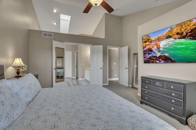 9606 Ireland Ct, Powell, OH 43065 - bedroom with carpet floors, high vaulted ceiling, a ceiling fan, and a skylight