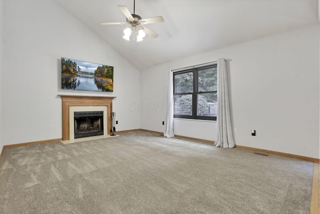 2680 Biers Run Rd, Chillicothe, OH 45601 - unfurnished living room featuring a fireplace with flush hearth, a ceiling fan, carpet flooring, and high vaulted ceiling