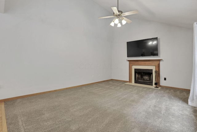 2680 Biers Run Rd, Chillicothe, OH 45601 - unfurnished living room featuring lofted ceiling, a fireplace with flush hearth, carpet flooring, and ceiling fan