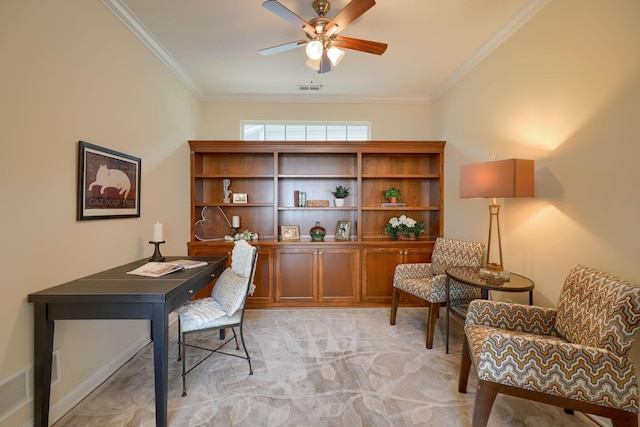 5428 Tathwell Dr, New Albany, OH 43054 - office area featuring light colored carpet, crown molding, and a ceiling fan