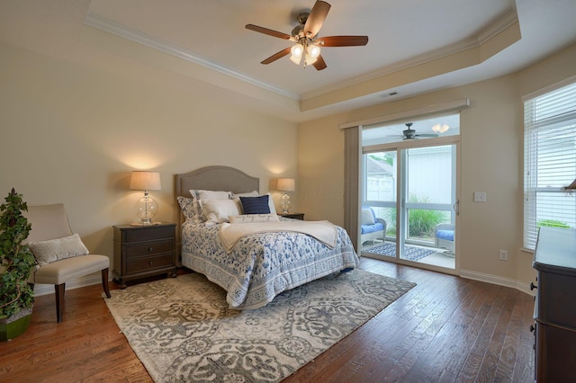 5428 Tathwell Dr, New Albany, OH 43054 - bedroom with a raised ceiling, access to exterior, crown molding, wood-type flooring, and a ceiling fan