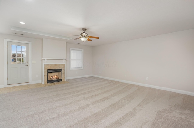 6355 Darling Rd, Blacklick, OH 43004 - unfurnished living room with light carpet, a fireplace, ceiling fan, and recessed lighting