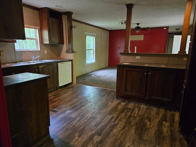 7326 State Route 19 Unit U5 L133, Mount Gilead, OH 43338 - kitchen featuring white dishwasher, dark wood-type flooring, plenty of natural light, a ceiling fan, and a textured ceiling