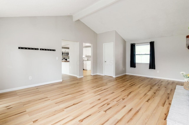 3623 Bolamo Dr, Westerville, OH 43081 - unfurnished living room featuring light wood-type flooring, beamed ceiling, and high vaulted ceiling