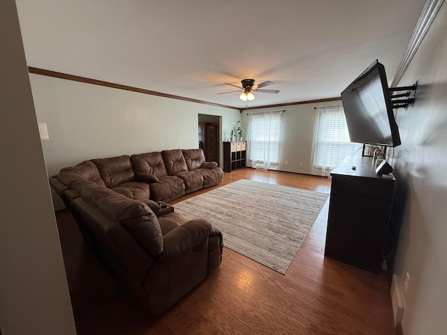 1819 Walnut Rd, Heath, OH 43056 - living room with crown molding, a ceiling fan, and wood finished floors
