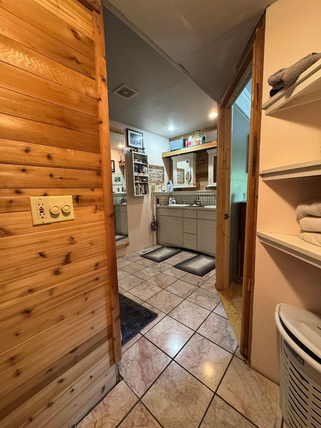 6598 Jeff Ln, Athens, OH 45701 - kitchen featuring tasteful backsplash, open shelves, gray cabinetry, and recessed lighting
