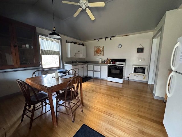 6598 Jeff Ln, Athens, OH 45701 - dining room featuring light wood-style floors, track lighting, a ceiling fan, vaulted ceiling, and heating unit