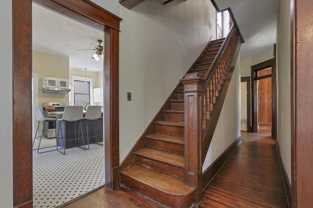 300 E Main St, Somerset, OH 43783 - staircase featuring hardwood / wood-style flooring and a ceiling fan
