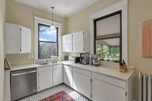 300 E Main St, Somerset, OH 43783 - kitchen with dishwasher, radiator heating unit, white cabinetry, light countertops, and ornamental molding