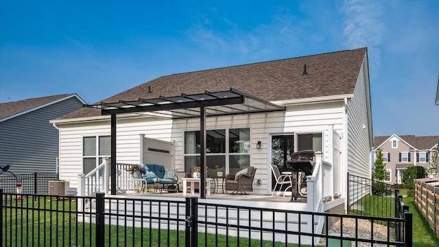 7087 Ribault Dr NW, Pickerington, OH 43147 - rear view of property featuring a pergola, a shingled roof, a patio area, and outdoor lounge area