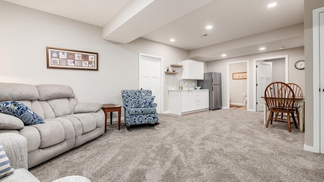 7087 Ribault Dr NW, Pickerington, OH 43147 - living room with light colored carpet, recessed lighting, and bar