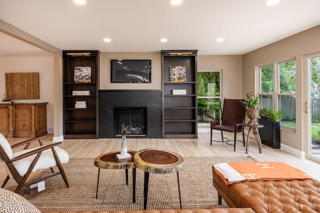 2841 Doncaster Rd, Upper Arlington, OH 43221 - living room featuring light wood-style floors, recessed lighting, and a fireplace