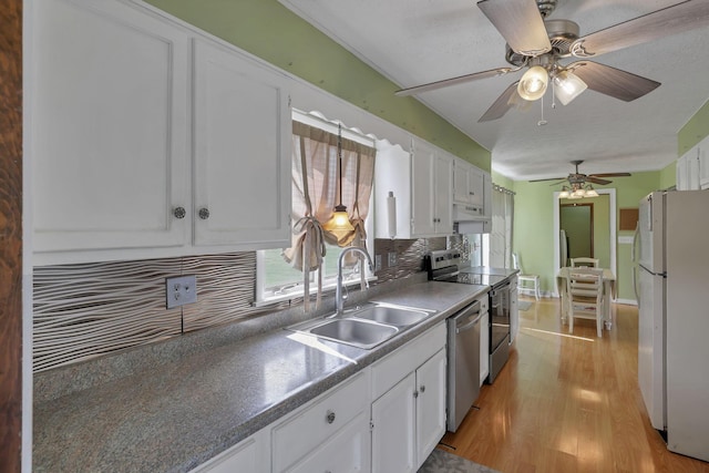 6605 Lancaster Rd SE, Hebron, OH 43025 - kitchen with stainless steel appliances, tasteful backsplash, light wood-style flooring, white cabinets, and under cabinet range hood