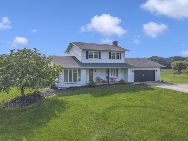 6605 Lancaster Rd SE, Hebron, OH 43025 - view of front of property with driveway, a garage, a chimney, a front lawn, and a shingled roof