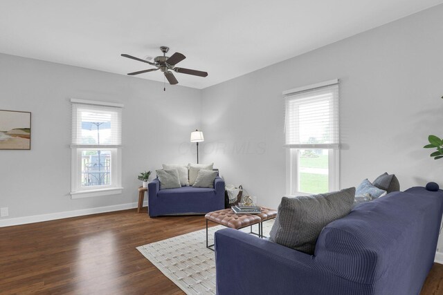 2635 Main St, Powell, OH 43065 - living room with dark wood-style flooring, healthy amount of natural light, and ceiling fan
