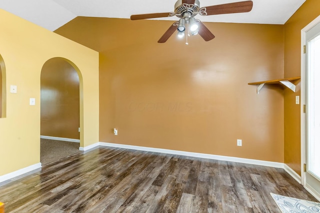 5733 Canal Bridge Dr, Canal Winchester, OH 43110 - empty room with ceiling fan, arched walkways, wood finished floors, and lofted ceiling