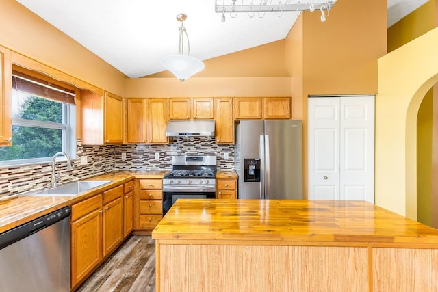 5733 Canal Bridge Dr, Canal Winchester, OH 43110 - kitchen with butcher block counters, stainless steel appliances, under cabinet range hood, arched walkways, and wood finished floors
