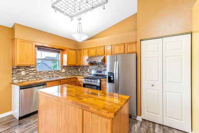 5733 Canal Bridge Dr, Canal Winchester, OH 43110 - kitchen with stainless steel appliances, wooden counters, under cabinet range hood, decorative backsplash, and dark wood-type flooring